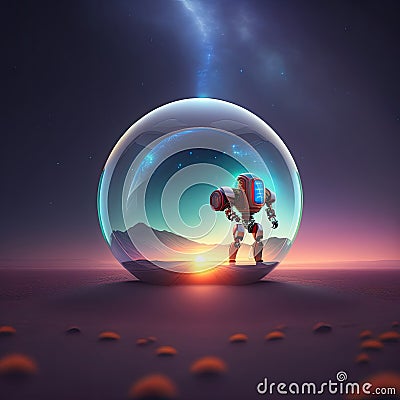 Astronaut robot inside a crystal ball in the desert of Venus planet Stock Photo