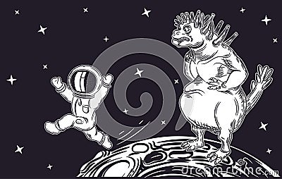 Astronaut runs away from the alien. Evil Monster. Vector Illustration