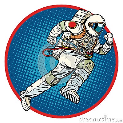 Astronaut runs forward round emblem Vector Illustration