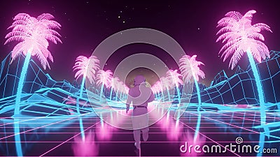 Astronaut runs surrounded by flashing neon lights. Music and retrowave concept. 3d illustration Cartoon Illustration