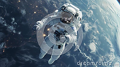 Astronaut's spacesuit stands out against intricate patterns of Earth's surface in outer space Stock Photo