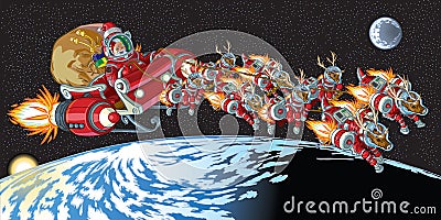 Astronaut Santa Claus and Reindeer in Orbit Vector Illustration