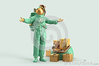 Astronaut Santa with sack of Christmas gifts. Christmas concept. 3D Rendering Stock Photo