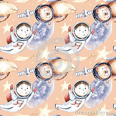 Astronaut seamless pattern. Universe kids Baby boy girl elephant, fox cat and bunny, space suit, cosmonaut stars, planet, moon, Stock Photo