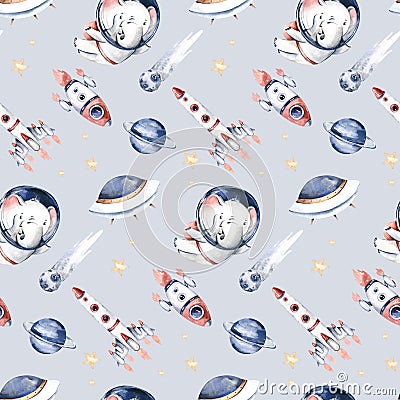 Astronaut seamless pattern. Universe kids Baby boy girl elephant, fox cat and bunny, space suit, cosmonaut stars, planet Stock Photo