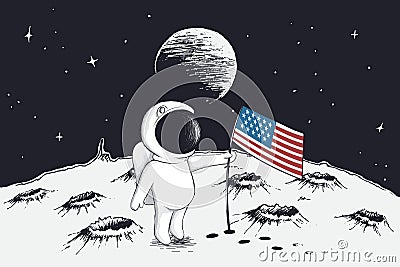 Astronaut sets a flag of USA on Moon Vector Illustration