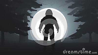 Astronaut Silhouette in a Spooky Wooded Forest with a Ball of Light Cartoon Illustration