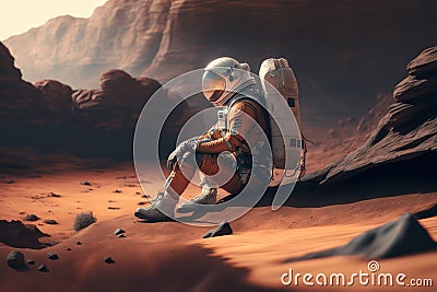 An astronaut sits on Mars. AI generative Stock Photo