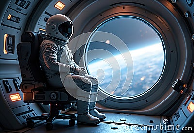 Astronaut sits in spaceship capsule. Side view. Looking out large window. Earth visible. Modern tech and design elements. Space Stock Photo