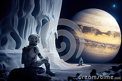 Astronaut sits on surface of planet Callisto and looks at planet Jupiter Stock Photo