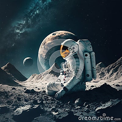 Astronaut sitting on moon and admiring planets, created using generative ai technology Stock Photo