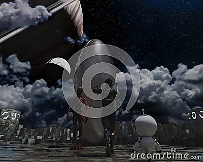 Astronaut and small robot facing a strange egg-shaped object and an alien at the spacewalk on a dark planet Stock Photo