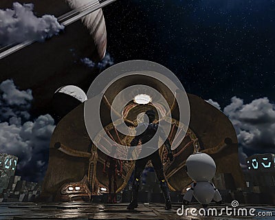 Astronaut and small robot facing a strange egg-shaped object and an alien at the spacewalk on a dark planet Stock Photo