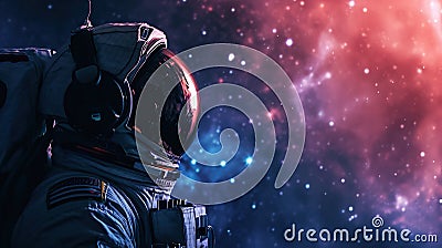 An astronaut wear a headphones over helmet and listen music in open space background Stock Photo