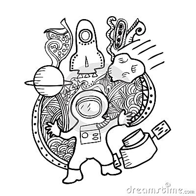 Astronaut and space doodle Vector Illustration