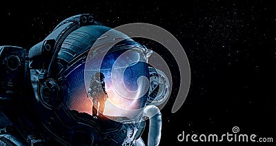 Astronaut and space exploration theme. . Mixed media Stock Photo