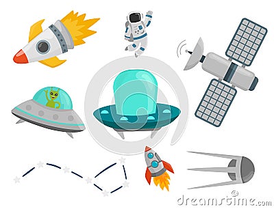 Astronaut space landing planets spaceship future exploration space ship cosmonaut rocket shuttle vector illustration Vector Illustration