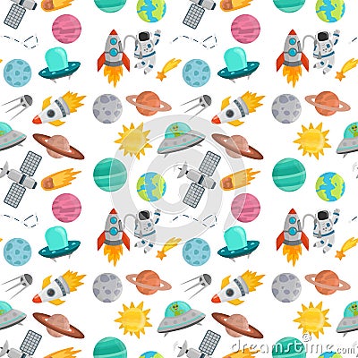 Astronaut space landing planets spaceship seamless pattern background future exploration space ship cosmonaut rocket Vector Illustration