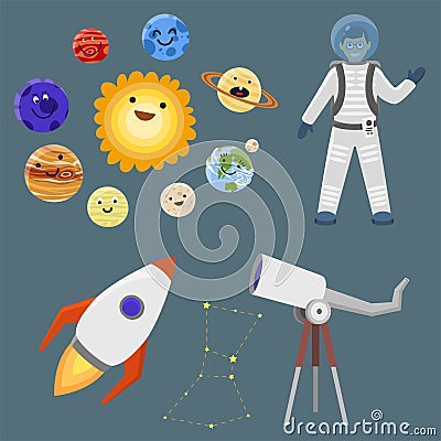 Astronaut space landing planets spaceship solar system future exploration space ship cosmonaut rocket shuttle vector Vector Illustration