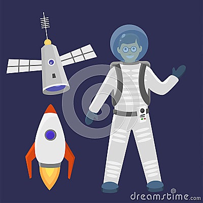 Astronaut space landing spaceship future exploration space ship cosmonaut rocket shuttle vector illustration Vector Illustration