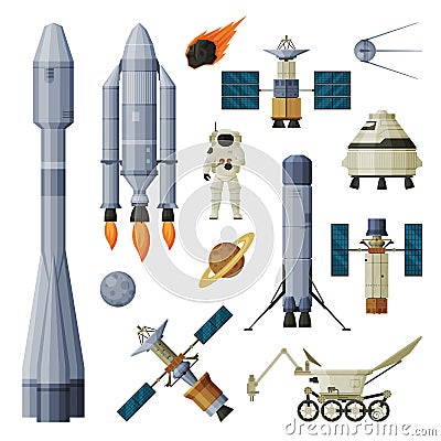 Astronaut, Space Objects and Cosmos Exploration Equipment Collection, Astronautics and Space Technology Theme Flat Vector Illustration