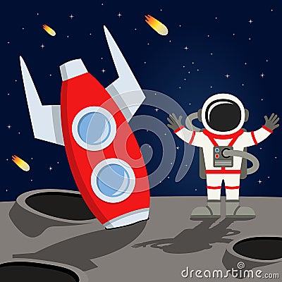 Astronaut and Space Rocket on the Moon Vector Illustration