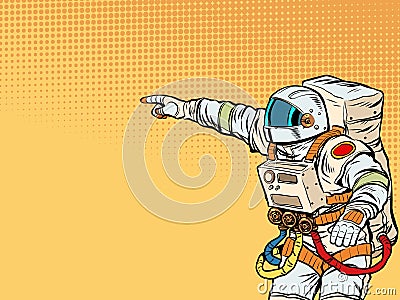 Astronaut space science. People point with their hand. Template advertising announcement news sale. Pop art style Vector Illustration