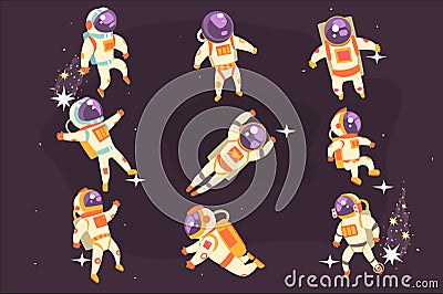 Astronaut In Space Suit Floating In Open Space In Different Positions Set Of Illustrations, Vector Illustration