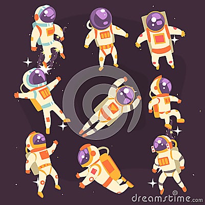 Astronaut In Space Suit Floating In Open Space In Different Positions Set Of Illustrations, Vector Illustration