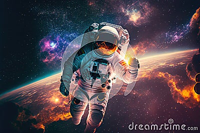 Astronaut in space suit flying in outer space with planet on background, close up. Deep space exploration. Created with generative Stock Photo