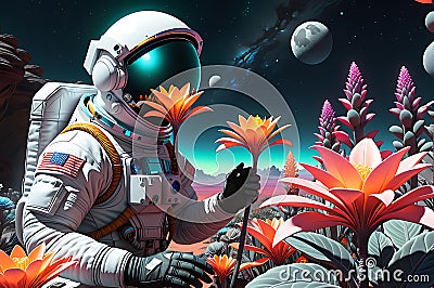 Astronaut in a Space Suit Tending to a Neon-Hued Alien Plant with Broad Leaves and Delicate Luminous Blossoms Stock Photo