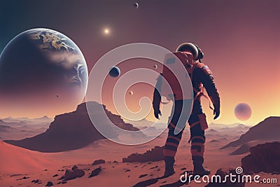 Astronaut in space suit walking on an unexplored planet, generative ai Stock Photo