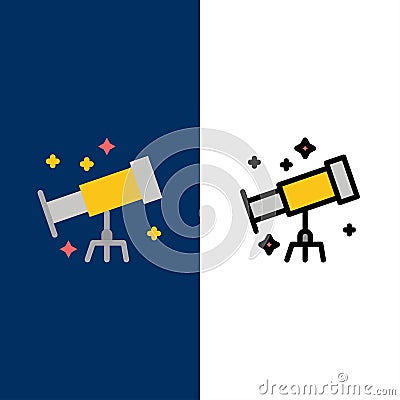 Astronaut, Space, Telescope Icons. Flat and Line Filled Icon Set Vector Blue Background Vector Illustration