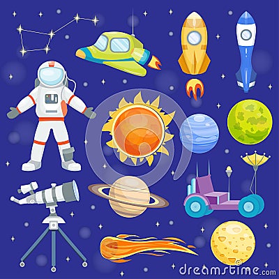 Astronaut space vector icons landing planets spaceship solar system future exploration spaceship cosmonaut rocket Vector Illustration