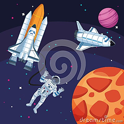 Astronaut spacecrafts planets galaxy space exploration Vector Illustration