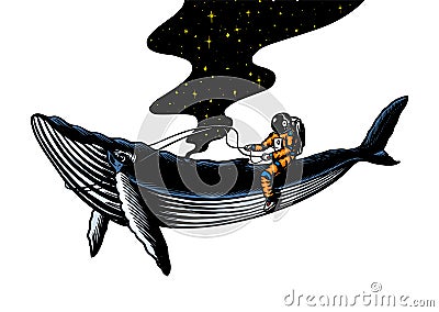 Astronaut spaceman with blue whale. Astronomical galaxy space. Funny cosmonaut explore adventure. Engraved hand drawn in Vector Illustration