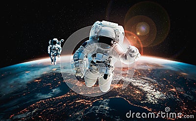 Astronaut spaceman do spacewalk while working for space station Stock Photo