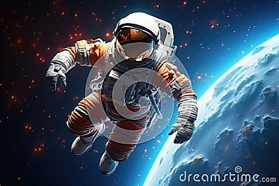 Astronaut spaceman do spacewalk while working for space station. Mixed media, 3d render spaceman astronaut flying with rocket 3d Cartoon Illustration