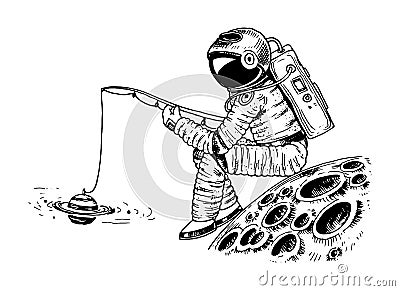 Astronaut spaceman with a fishing rod on the moon. astronomical galaxy space. Funny cosmonaut explore adventure Vector Illustration