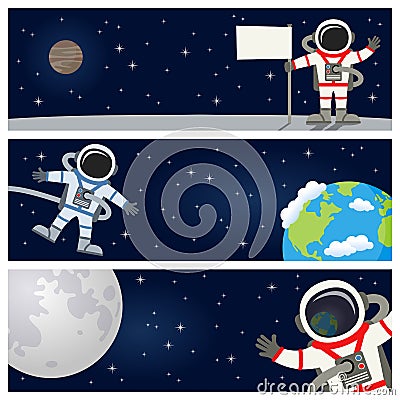 Astronaut Spaceman Horizontal Banners Vector Illustration