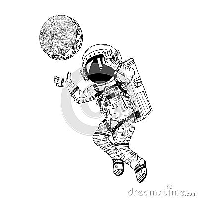 Astronaut spaceman with moon. Astronomical galaxy space. Funny cosmonaut explore adventure. Engraved hand drawn in old Vector Illustration