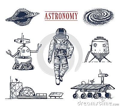 Astronaut spaceman. planets in solar system. astronomical galaxy. cosmonaut explore adventure. engraved hand drawn Vector Illustration