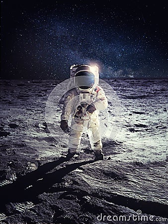 Astronaut or Spaceman standing on Moon surface Stock Photo