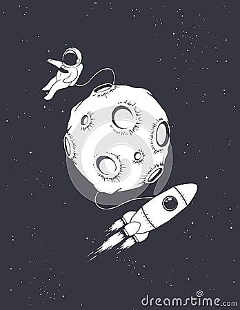 Astronaut with spaceship circling around Moon Vector Illustration