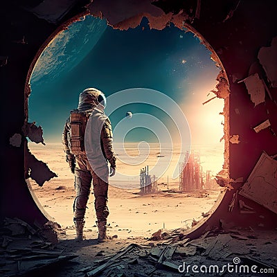 An astronaut in a spacesuit explores another planet. Fantasy landscape. Stock Photo