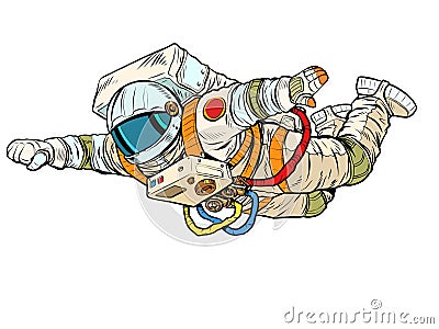 An astronaut in a spacesuit flies forward like a superhero. Weightlessness Vector Illustration