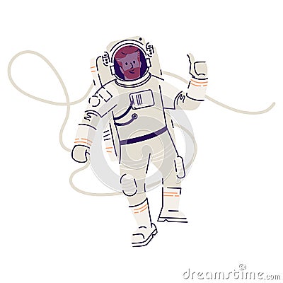 Astronaut in spacesuit floating flat vector illustration. Male cosmonaut, space traveler flying in zero gravity and Vector Illustration