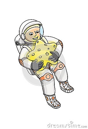 Astronaut in spacesuit, hugging a star Vector Illustration