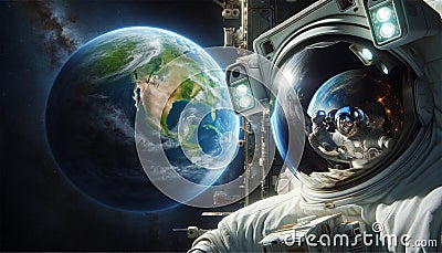 An astronaut in a spacesuit looks at the ground. Stock Photo