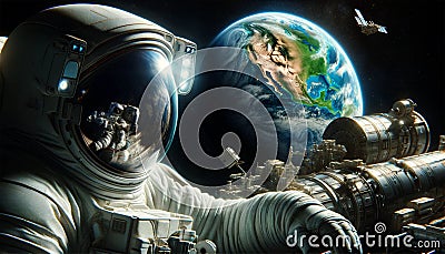 An astronaut in a spacesuit looks at the ground. Stock Photo